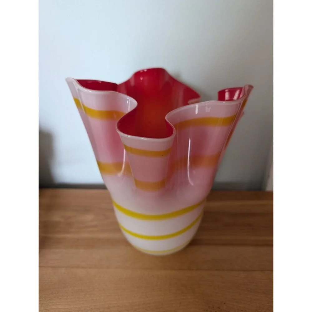 Pier 1 Imports Glass Vase Handkerchief Style Red‎ White with Yellow Stripes